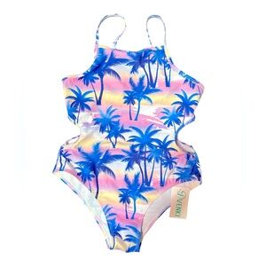 NWT Tropical Print Swimsuit Size 10 Blue and Pink Adjustable straps palm trees